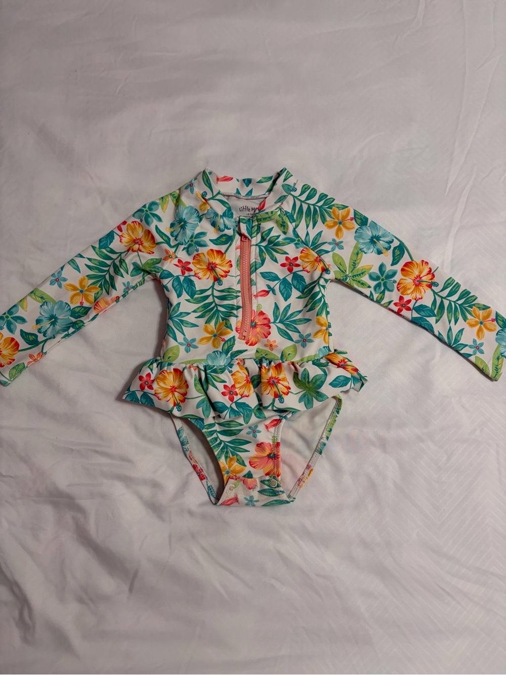 Little Me White Tropical Floral Long-Sleeve Rash Guard Swimsuit
